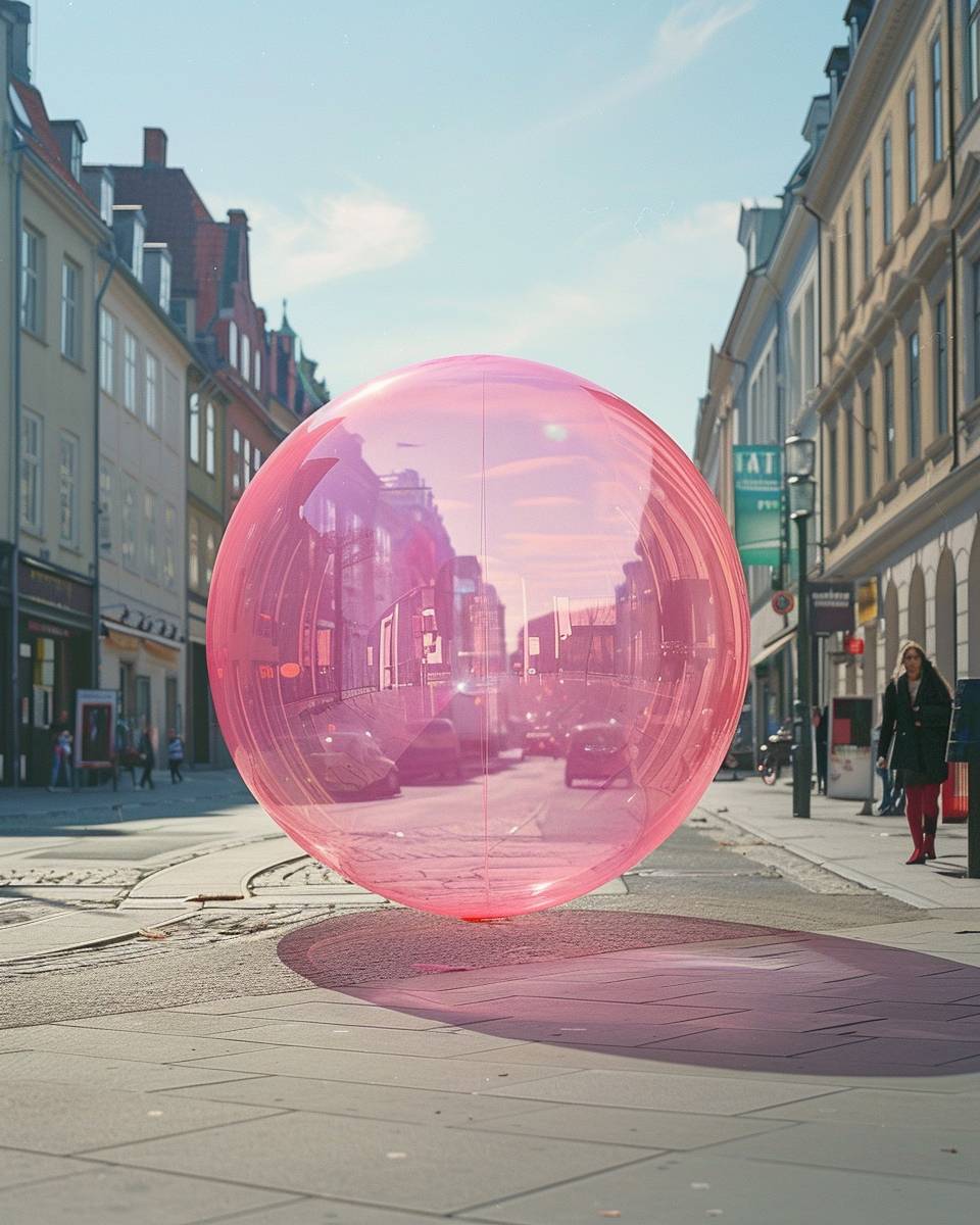 コペンハーゲンの街路の真ん中にあるコーラルピンク色の湿った泡、夏の昼間
