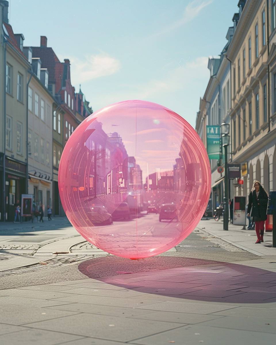 A corall pink moist bubble in the middle of the streets of Copenhagen, summer, daytime