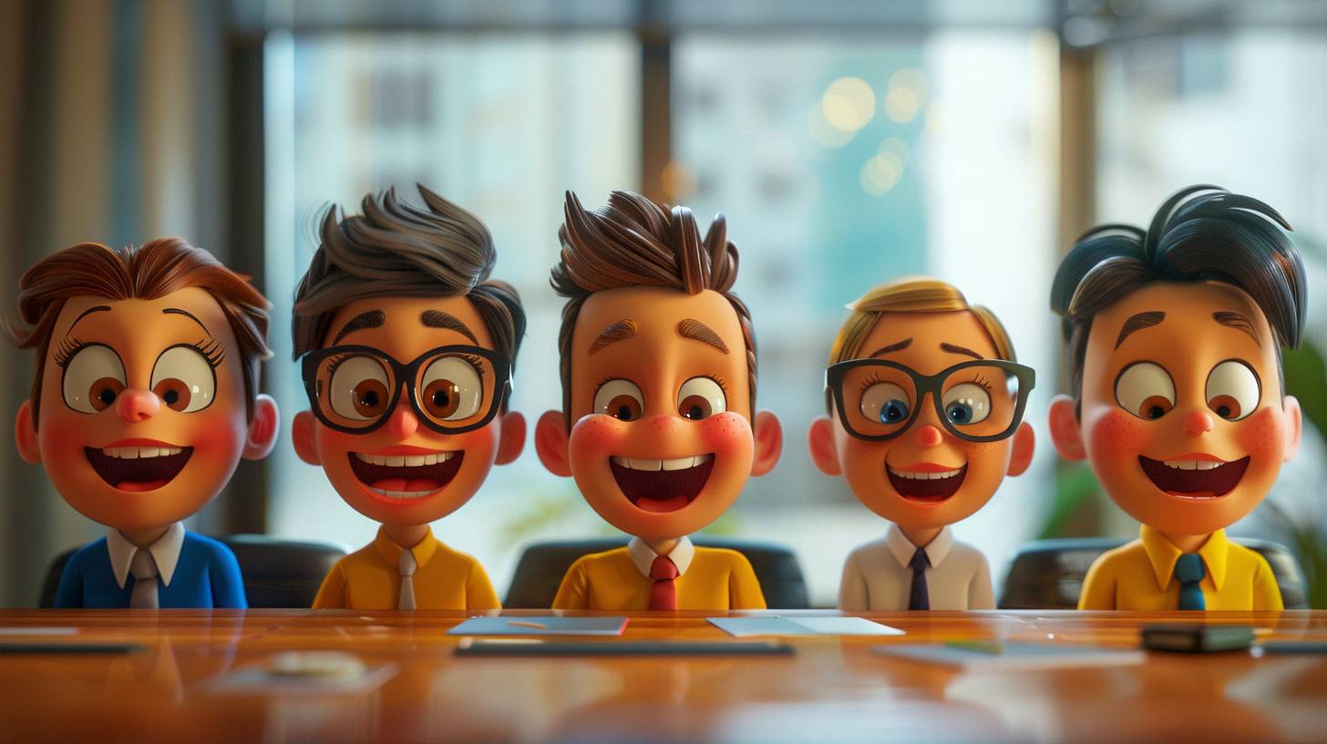 A zoom interface grid of 6 smiley animated characters enjoying a productive meeting.