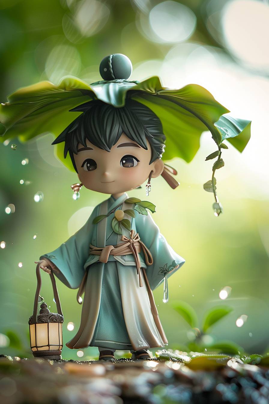 Design a toy figurine of a young boy with a calm and serene expression, made of smooth and matte PVC and ABS materials. The figurine should have simple facial features and incorporate traditional Chinese clothing details, including unique accessories like a leaf hat and water droplets. Utilize natural lighting to enhance the figurine's soft appearance. Place the figurine in a clean, natural environment with a blurred background to create a tranquil atmosphere. The figurine should be holding a lantern with intricate carvings, emitting a soft glow, and adorned with detailed and distinctive accessories such as a leaf-shaped hat and small water droplets, enhancing its realistic and artistic look.