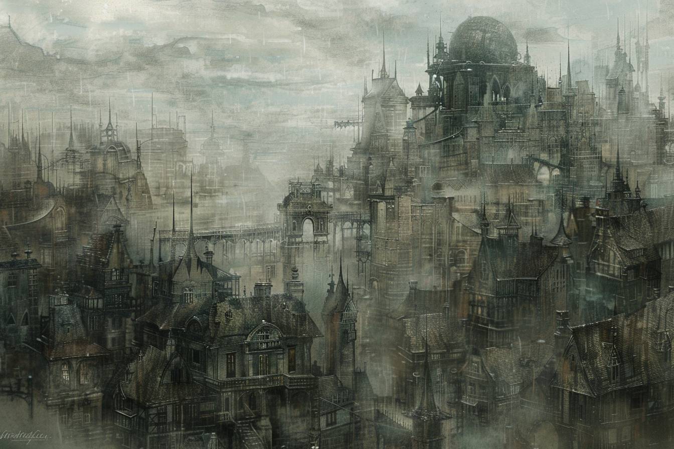 City landscape in the style of Akihiko Yoshida