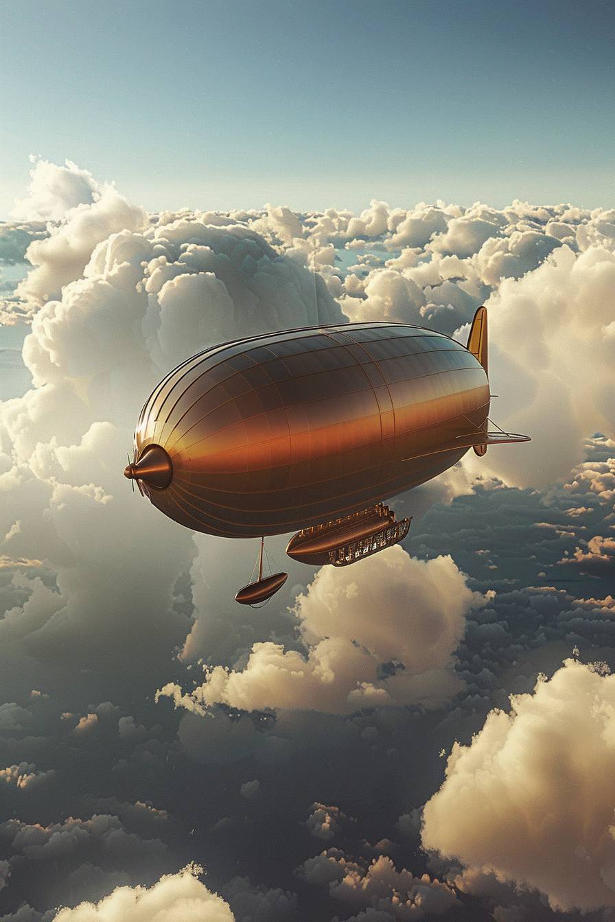 In the style of Patrick Caulfield, a steampunk airship gliding through the clouds