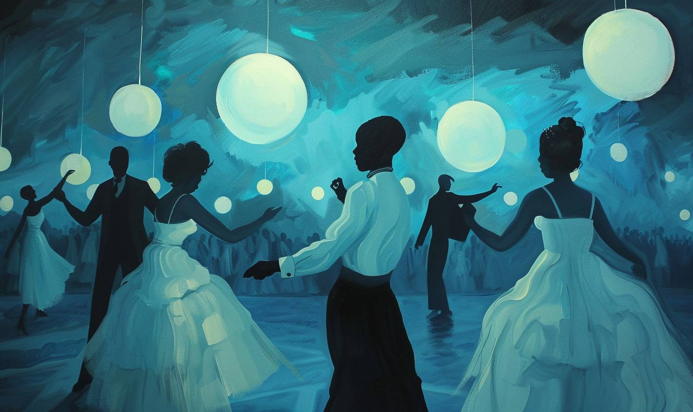 In style of Amy Sherald, Ethereal ballroom with phantom dancers