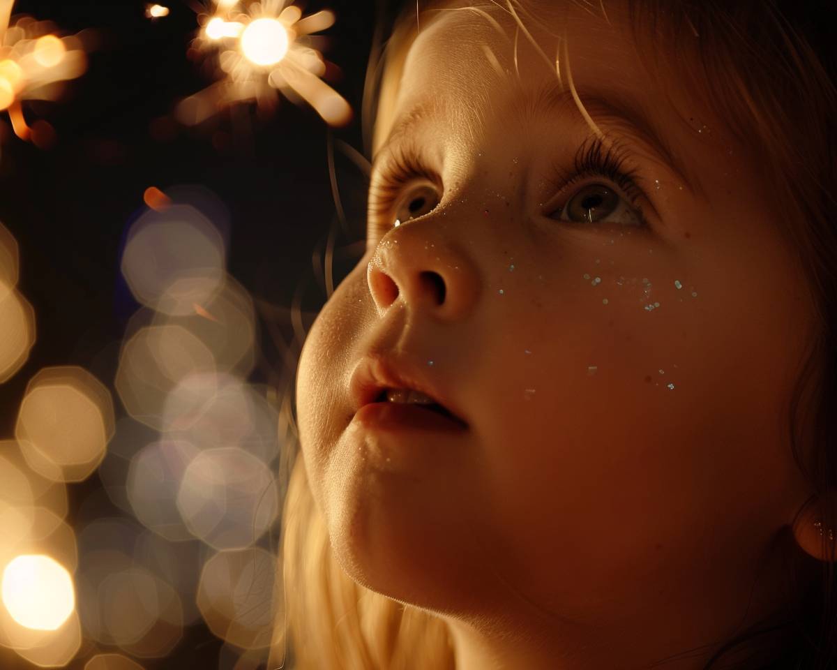 Capture the face of a little girl looking up at fireworks in the night sky with high detail, clean and neat, indoor photography style, professional photography technique, photo-realistic, 4K resolution. Utilize Canon EOS R5 with F16 aperture, ISO 1600 sensitivity, 100mm focal length. Set the aspect ratio to 5:4 and use version 6.0.