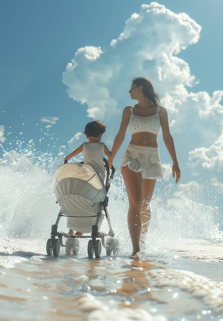 Front view, 3D character, of a mother walking on the beach with her one-year-old child. Electric stroller. Wear short sleeves. White sand, light water, C4D, ZBRUSH, Octane renderer