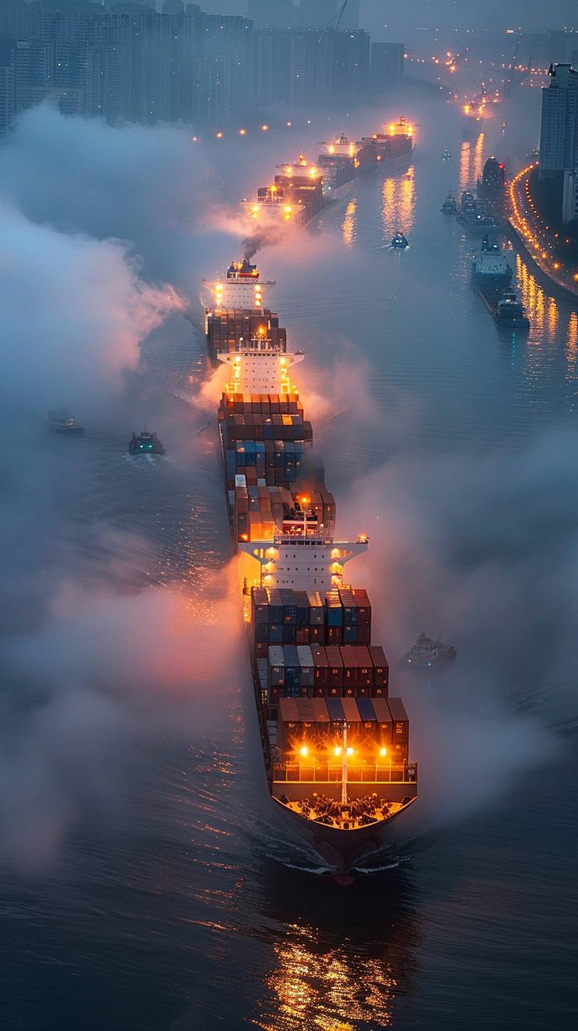 早朝の霧の中、中国の外国貿易港では貨物船が出航し、景色は美しい