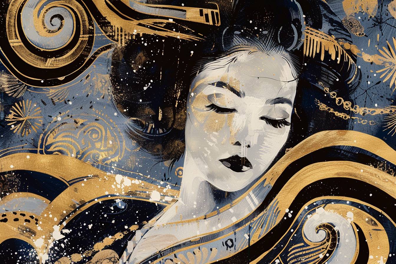 Geisha captured in abstract art, featuring swirling gold and indigo patterns