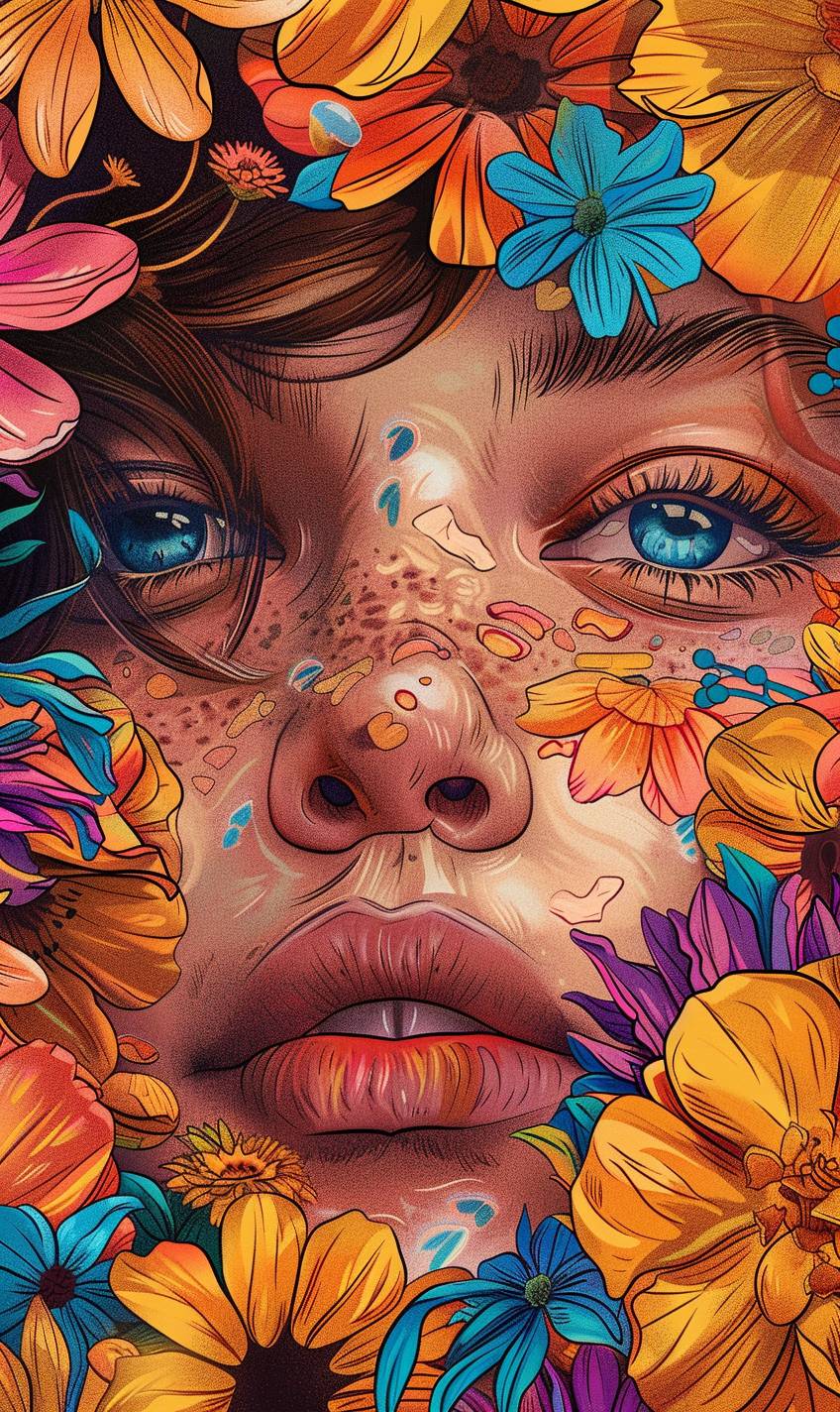 Boho style wall art, close up of SUBJECT's face, surrounded by colorful flowers, hippie aesthetic, digital illustration