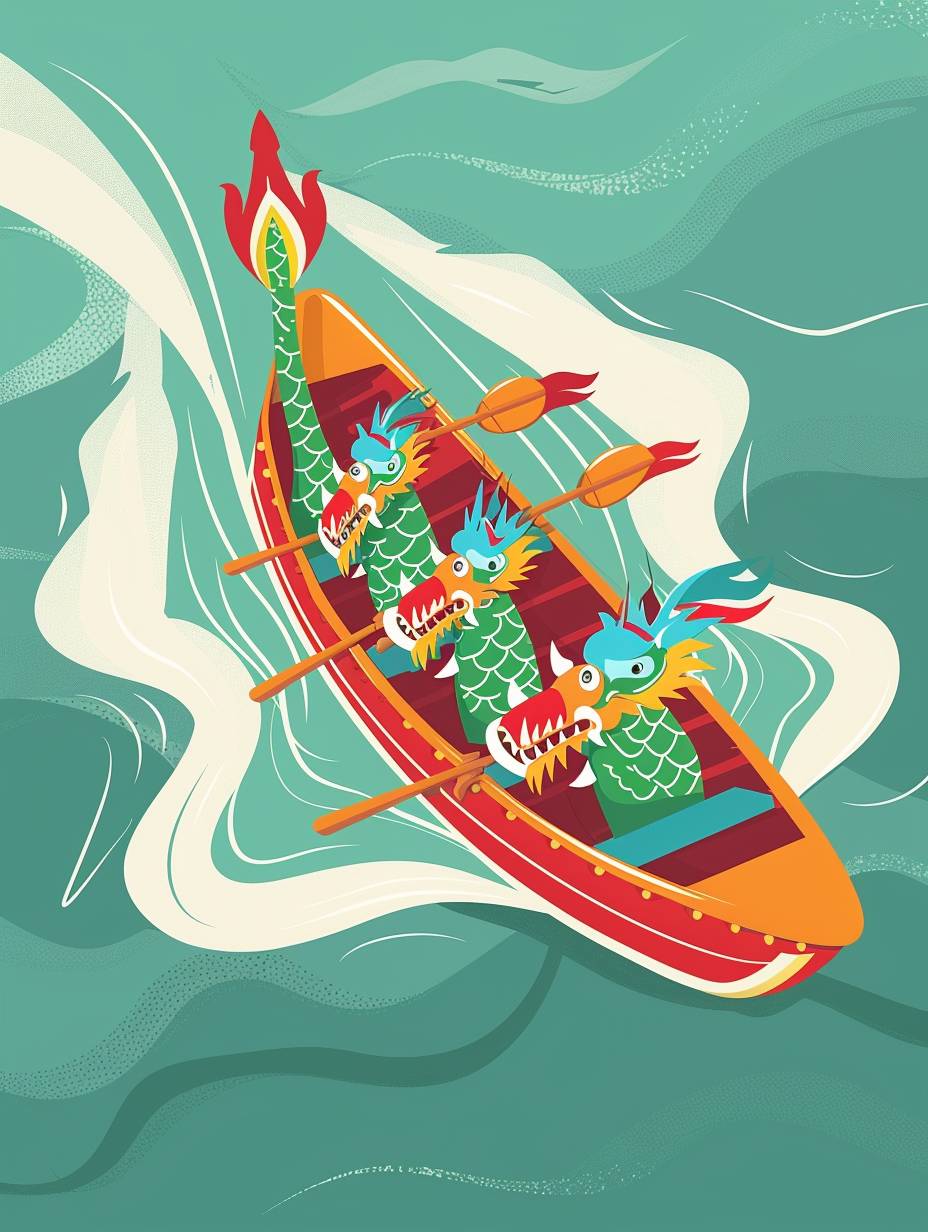The Dragon Boat race is in the middle, the water ripples to both sides, spring colors, green tones, flat illustration with a bird's-eye view, minimalist style, graphic poster design, flat, no C4D, flat illustration, 8K