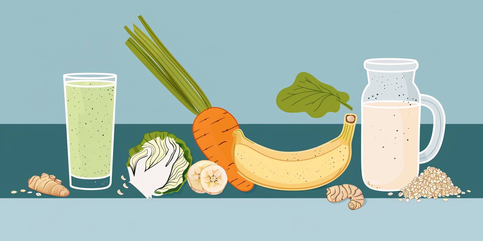 Illustration showing a banana, oats, cabbage, carrots, milk, green tea, and ginger tea together