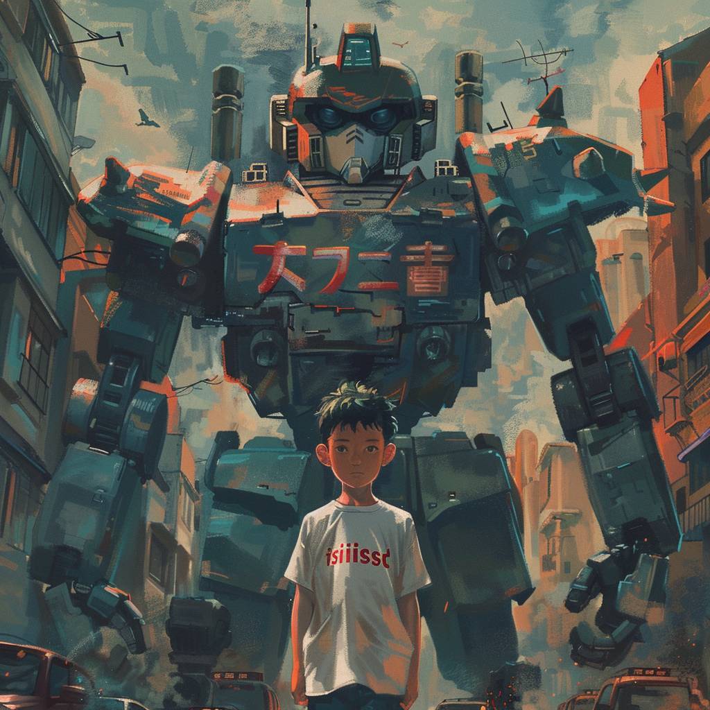 自信満々な姿勢の少年が、巨大なメカロボットの前に立っている。彼のTシャツには「ロボット」と刺繍されている。（ダイナミックな照明と影：1.4）、背景にそびえるメカがあり、（低アングルショット：1.3）、メカの巨大さとパワーを強調している