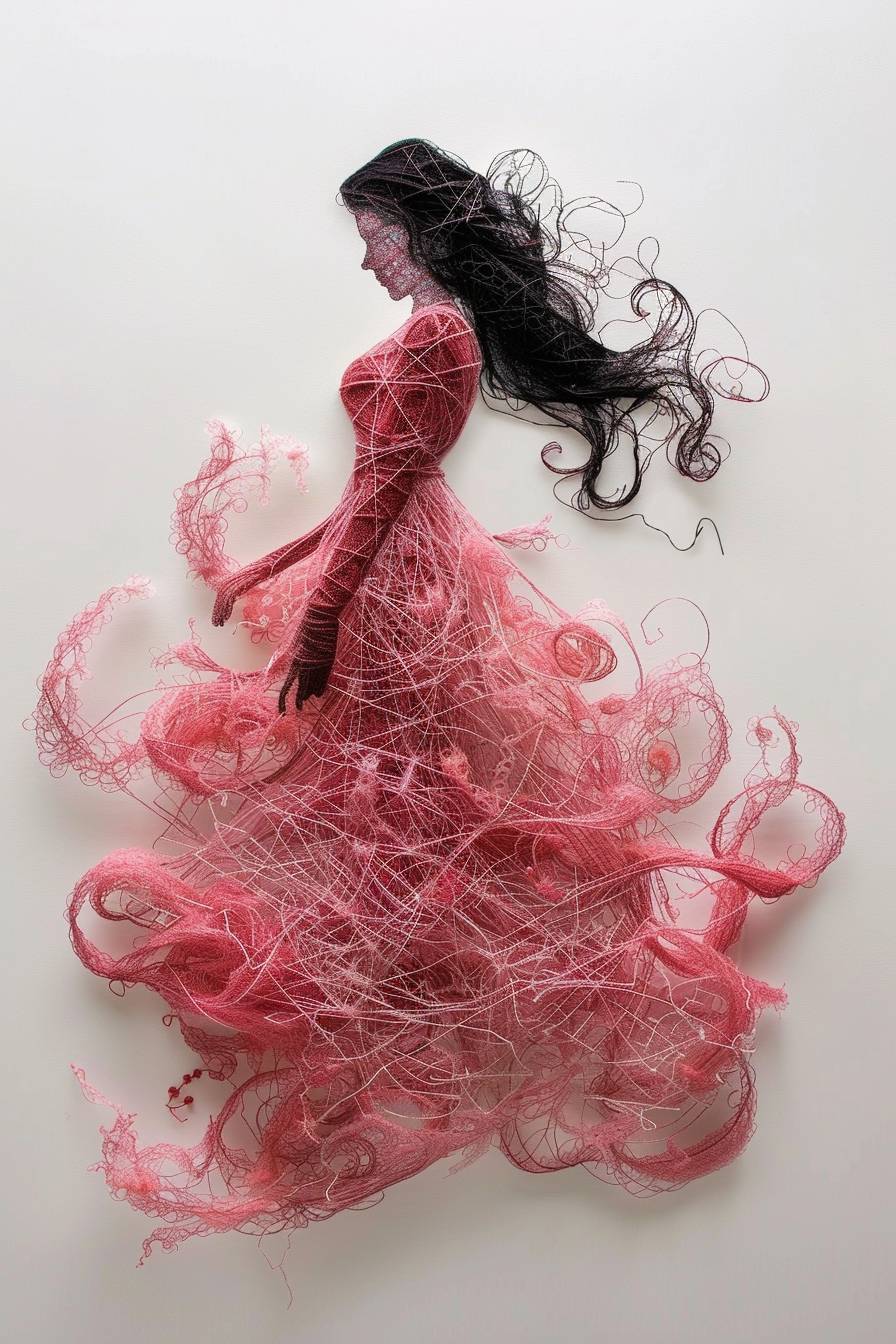 A beautiful woman, wearing a pink dress made of small string art surrealism, unravels