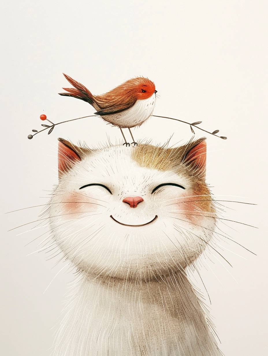 joyful cat with a bird on its head by joey moya, in the style of minimalistic drawings, white background, ultrafine detail, creative commons attribution, mori kei, painted illustrations, serene faces