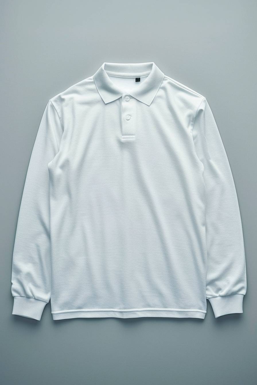 A white long-sleeved polo shirt with no buttons on the collar, made of cotton material and featuring a loose-fitting design. The garment is displayed against an isolated background, emphasizing its soft texture and smooth surface. It is centered in the frame to highlight details like fabric folds or subtle patterns. This product photography style captures the minimalist aesthetic while showcasing the natural color and quality of the in the style of minimalist photography.