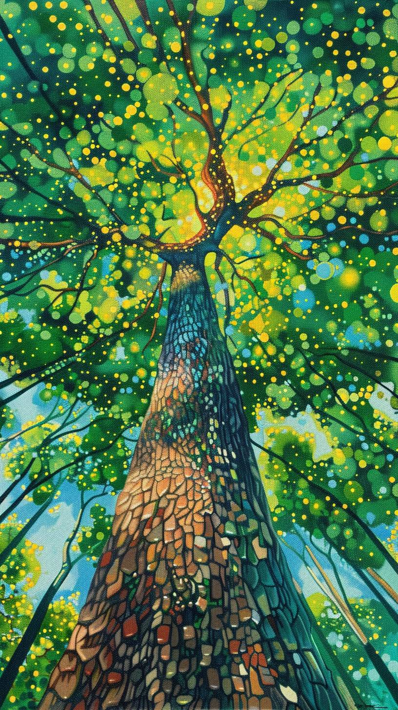 緑の木、ポアンティリズムのスタイルの絵画、黄色と青いドット、広角視点、大きな緑の木々のキャノピーを地面から見上げた、鮮やかな色彩、水彩画風