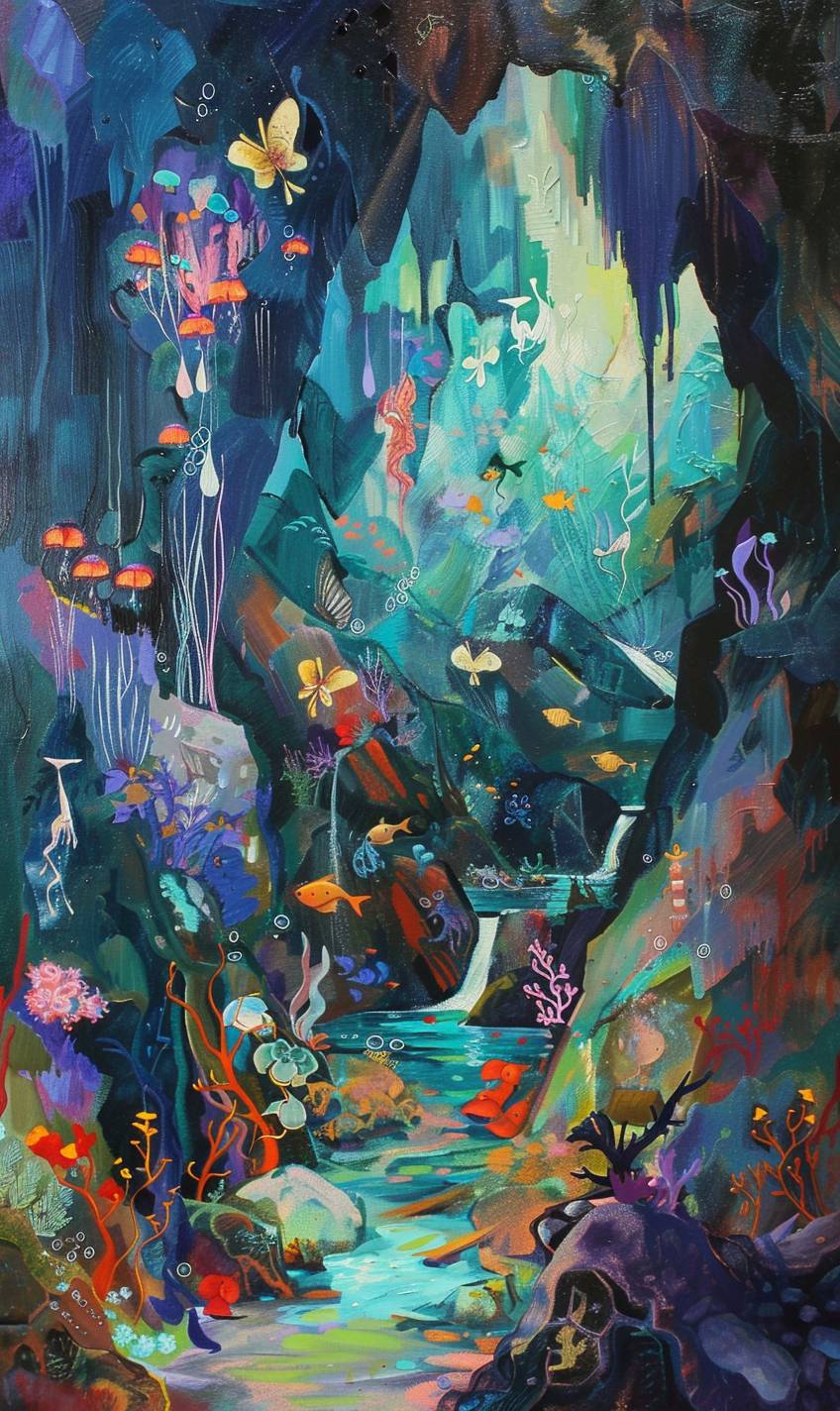 In the style of Isaac Maimon, an underwater cavern with magical merfolk