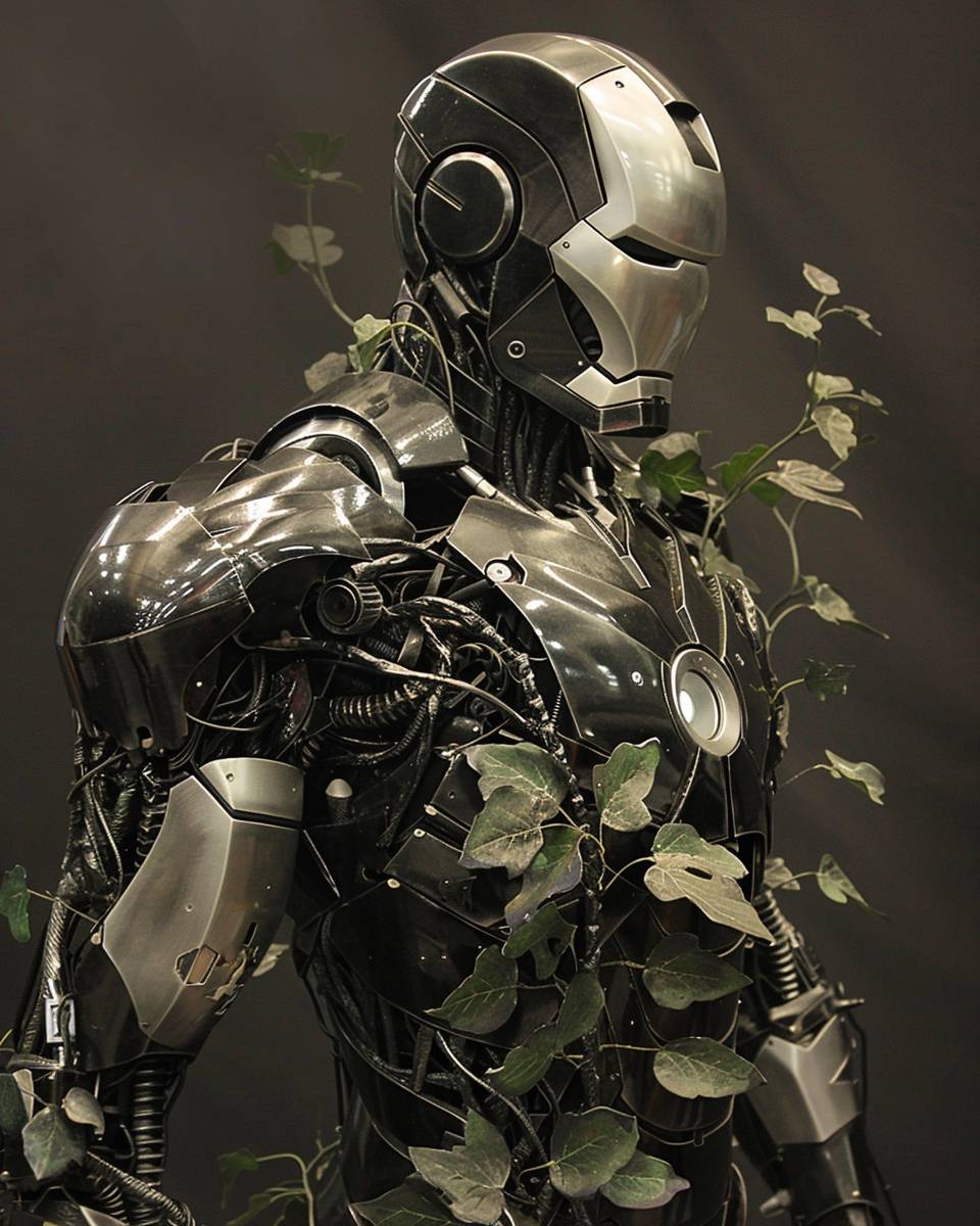 Biomechanical Iron Man, blending organic and robotic elements, with metallic leaves, gear-driven stems, detailed --ar 4:5 --v 6.0