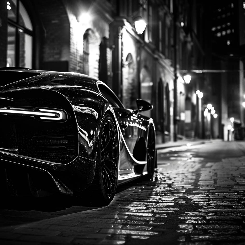 A monochromatic black and white portrait of a supercar monster in an urban environment, captured with low angle photography. The scene is lit by moonlight, casting dramatic shadows and highlighting the velvet texture of the clothing.