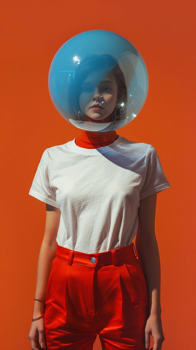 By Erwin Wurm and Frank Miller: Bubble Girl - a hot attractive girl with a solid blue bubble head (solid blue) in an orange room shadowless background orange, bubble girl wears a white tshirt and red trousers