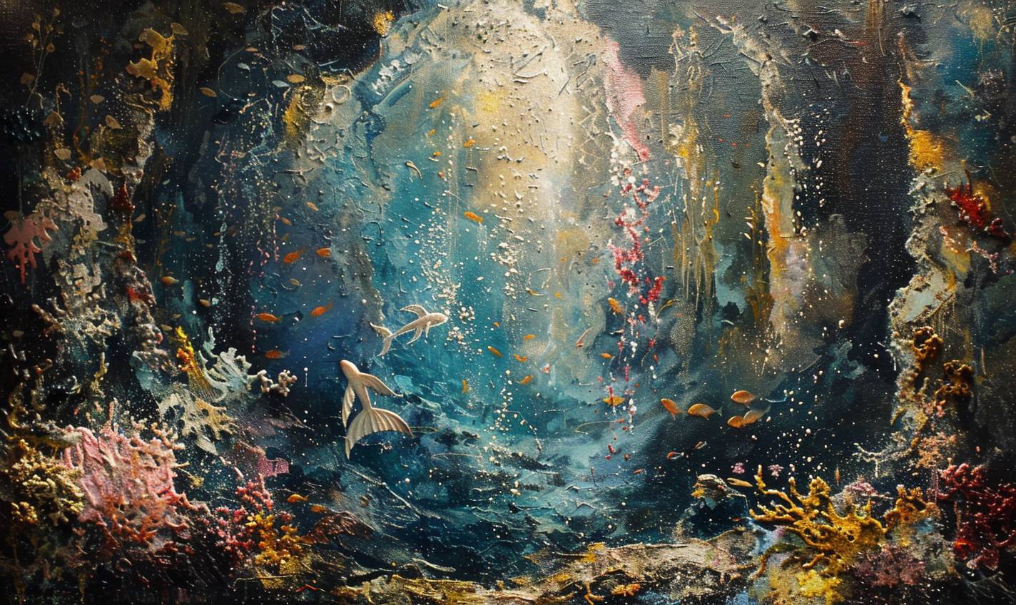 In style of Eugene Galien-Laloue,Underwater grotto with shimmering mermaids