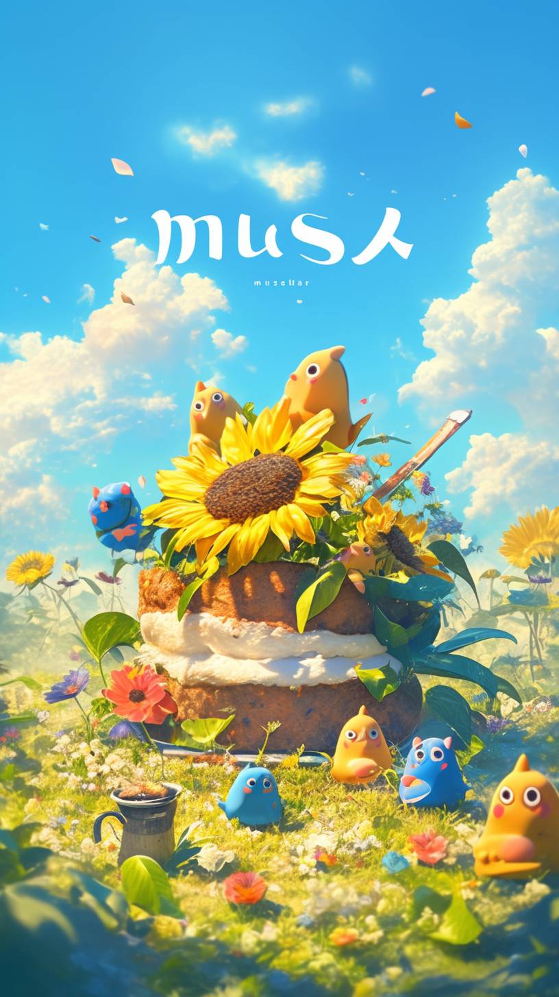 3D style, various small cakes jumping on the spring grass, interesting, colorful, green grass, sunflowers, blue sky, big title 'musesai', C4D, oc rendering