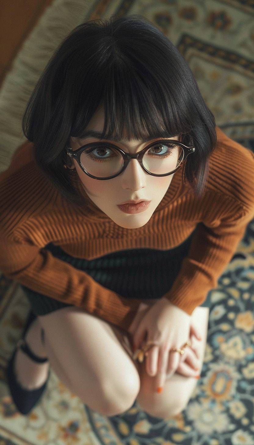 Extreme high angle shot of Velma Dinkley, on her knees, looking at the camera, wearing black glasses sweater and skirt, neutral face, anime style