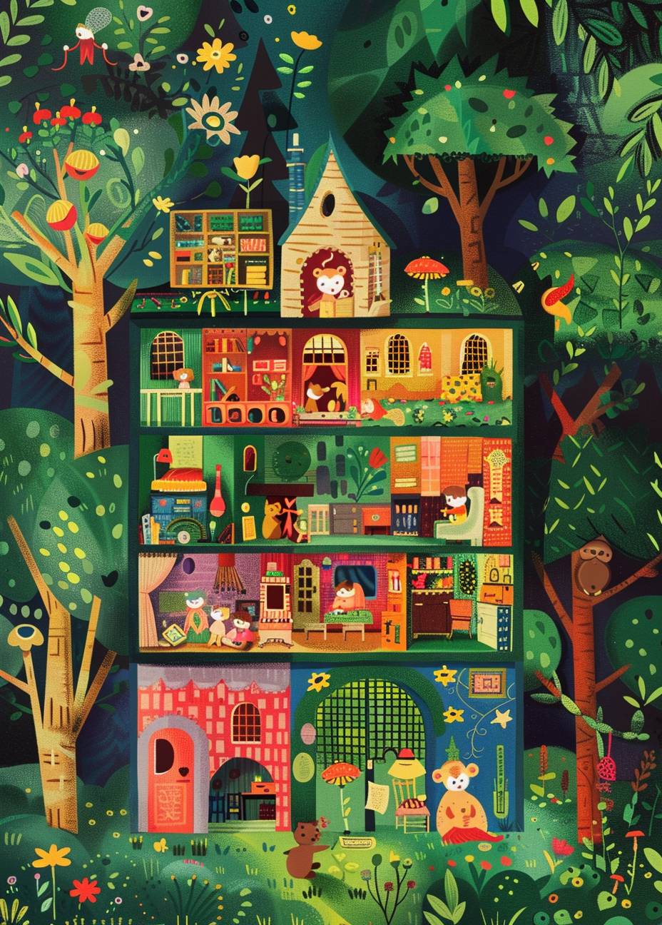 A vibrant and detailed illustration of an intricately designed dollhouse filled with various rooms, each featuring different cute animals engaged in activities like reading books or playing games. The outside features lush green grass surrounded by trees and flowers. In the style of Mary Blair's colorful whimsical illustrations.