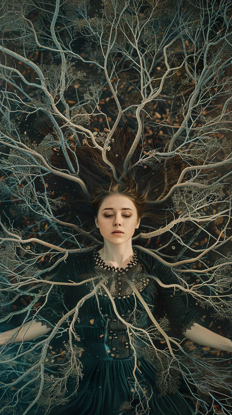 A young, stunning woman stands in the center of a vast network of branches, her presence weaving together the intricate connections of life, as the dendritic patterns around her symbolize the interconnectedness of all living things.