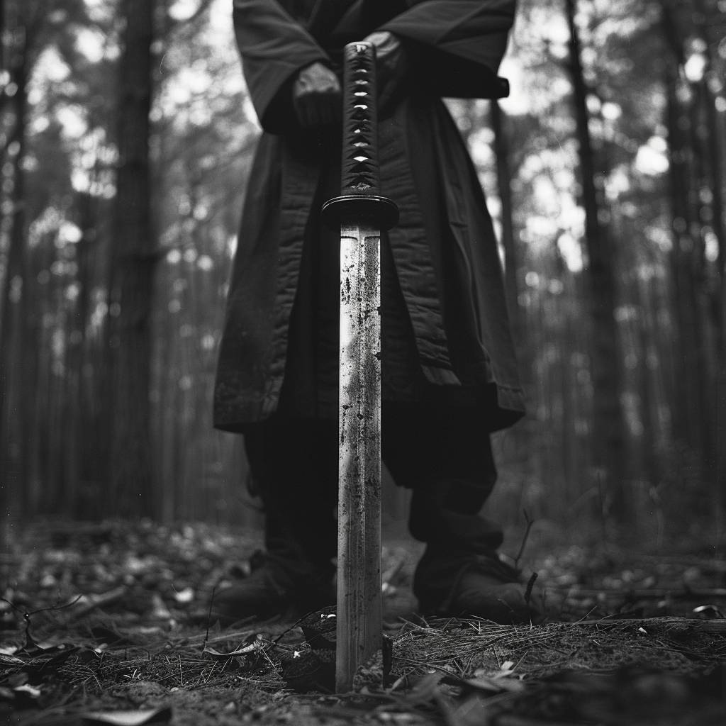 Black and white photo of samurai sword in the woods, samurai standing behind it, grainy film noir style, cinematographic photography, close-up, dynamic angle, forest background, by David Lynch