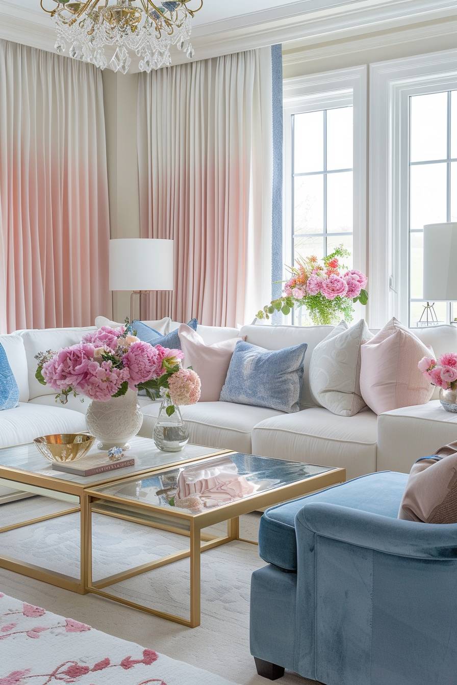 ピンクと青のクッションが飾られた白いセクショナルソファがあるエレガントなリビングルーム。大きな窓を囲むピンクと青のカーテンとの組み合わせ。右側には青いアームチェアがあり、白い絨毯の上には花のセンターピースがある光り輝く金のコーヒーテーブル。モダンなシャンデリアが天井から吊るされ、花瓶の中のピンクの花が自然を感じさせる。