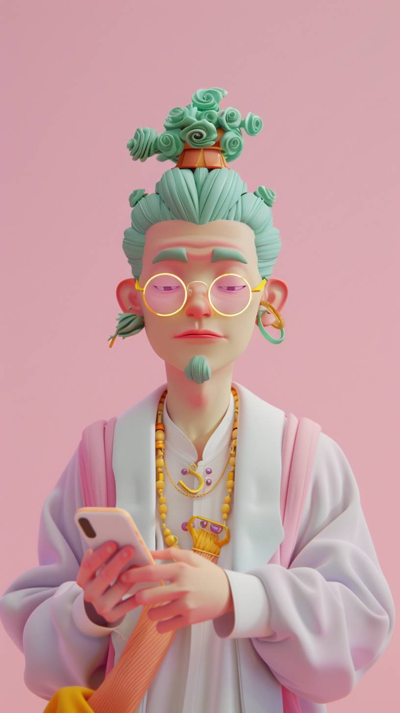 3D cartoon in the Chinese style, a colorful plastic film depicts Avalokitesvara Bodhisattva holding a phone with a calming expression on a pink background. Avalokitesvara has green hair with yellow accents, wearing a white top and light purple jacket against a bright solid color background in the style of Pixar animation, rendered in c4d.