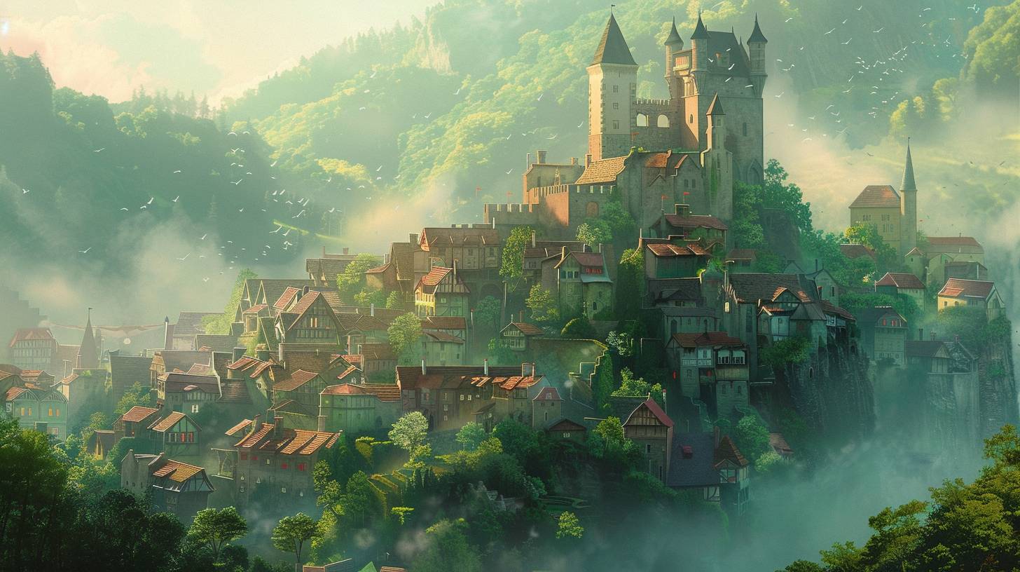 a fantasy town with a castle on the hilltop, in the style of ray tracing, soft and dreamy depictions, en plein air, light-filled scenes, pigeoncore, detailed character design, light cyan and green