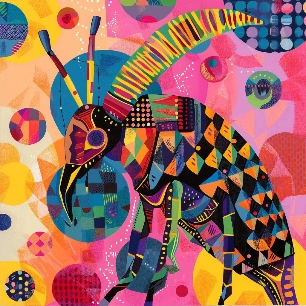 a colorful tiny creature in sharp, geometric and organic patterns in a vibrant, biomorphic and cubist style