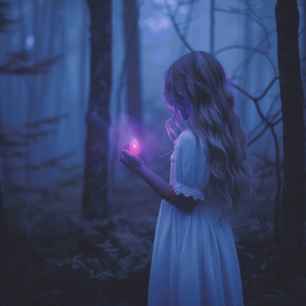 夜、金髪ロングヘアの若い女の子が白いドレスを着て森の中に立っており、手にはピンク色の発光する石を持っている。霧が立ち込め、暗い青色の調色が特徴で、紫色の光が輝いている。