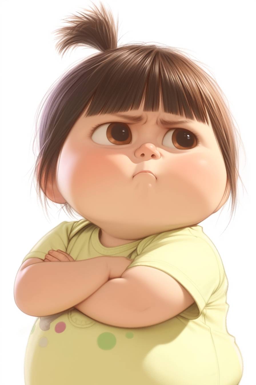 Realistic Pixar style, extra closed-up shot, side-view, a kawaii Korean baby girl, half a year old, super chubby cheeks, above her big head, jitome and troll, turns head to left side, eyes looking at opposite side, crossing her hands, pouting, An exaggerated expression, very short baby fringe hair, wearing light yellow T-shirt, white background, UHD --ar 2:3--style raw --stylize 1000 --niji 6