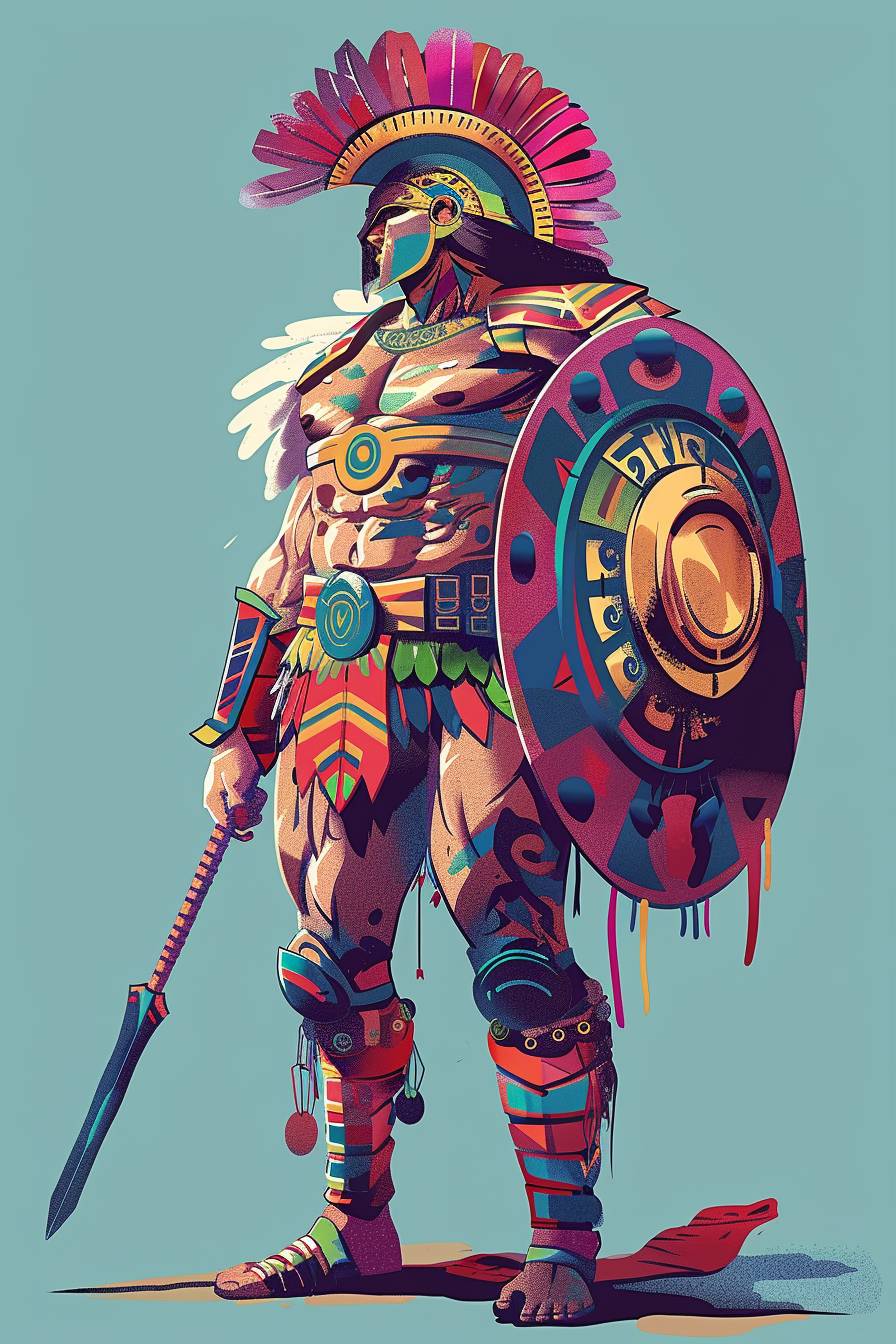 In the style of David LaChapelle, warrior character, full body, flat color illustration