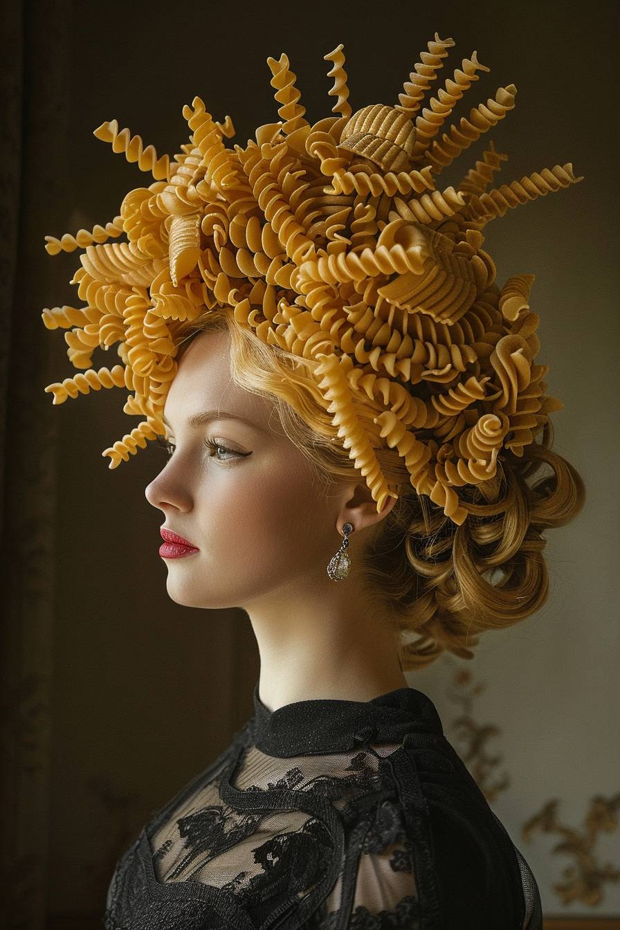 Highly realistic portrait of an Italian model with Fusilli pasta hair, contemporary culinary art, professional photography, contemporary style, minimalist, food design