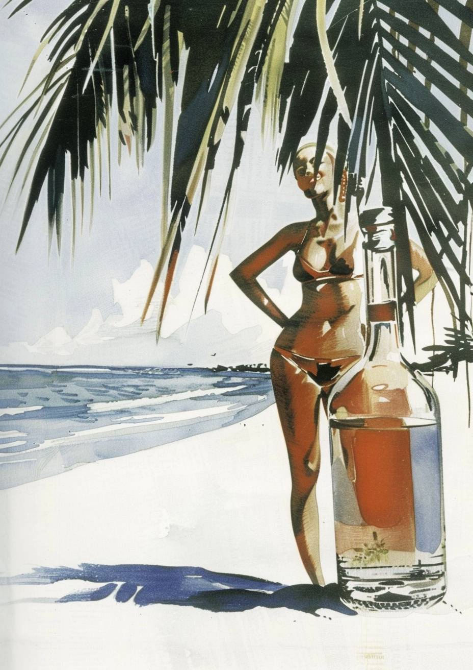 美しい水着モデルがいる熱帯ビーチのボトル、デジタル加工された画像スタイル