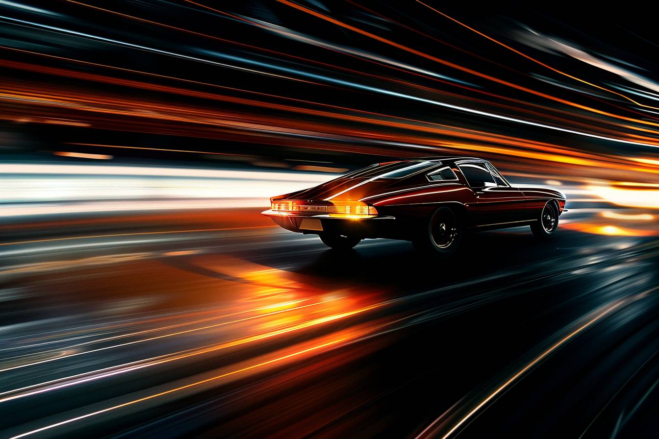 A speeding [SUBJECT], with motion blur, photography, cinematic lighting, black background