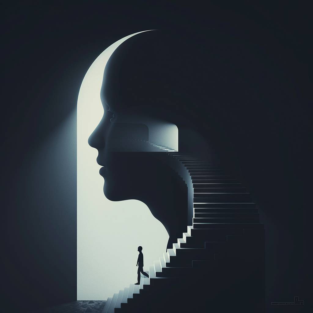 Create a digital artwork featuring a sculptural silhouette of [SUBJECT] head with an open mind revealing stairs inside. A lone figure is seen ascending the stairs, symbolizing personal growth. The scene is set against a stark black background with minimalistic design elements. Illuminate the piece with a white gradient lighting for a surreal effect. Ensure the artwork is in sharp focus, with a surreal, ethereal atmosphere.