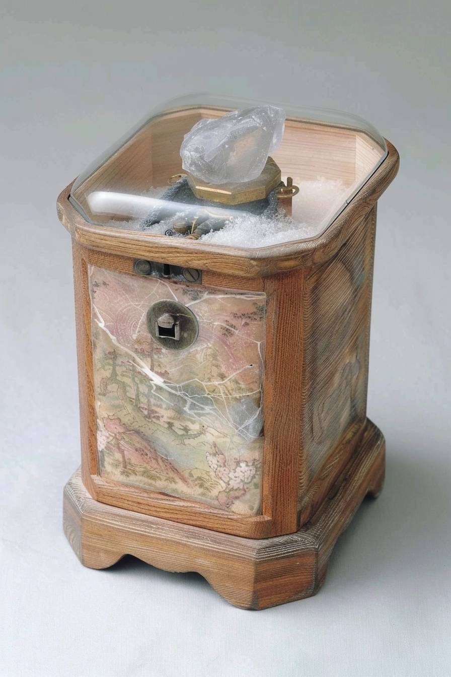 A beautifully handcrafted wooden music box, intricately carved with delicate patterns and a glass top showcasing the inner mechanisms, playing a soothing, classical melody