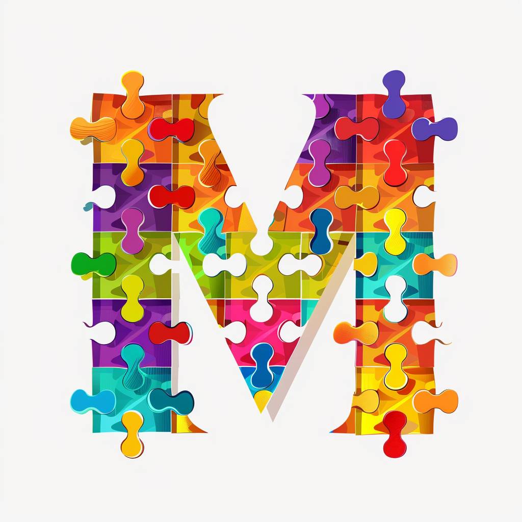 Abstract logo of letter M from colored puzzles on white background.