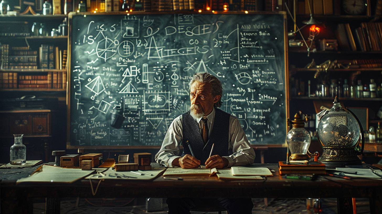 黒板の前で魔法の力を持つコンピューターサイエンティストの後ろ姿、おおざっぱな天才の書斎、映画のような60年代風のスタイル、数式や記号