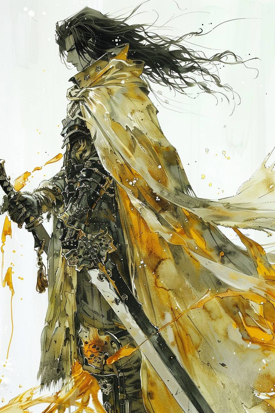 Medieval warrior, Yoshitaka Amano, white background, Die Brücke, white and amber