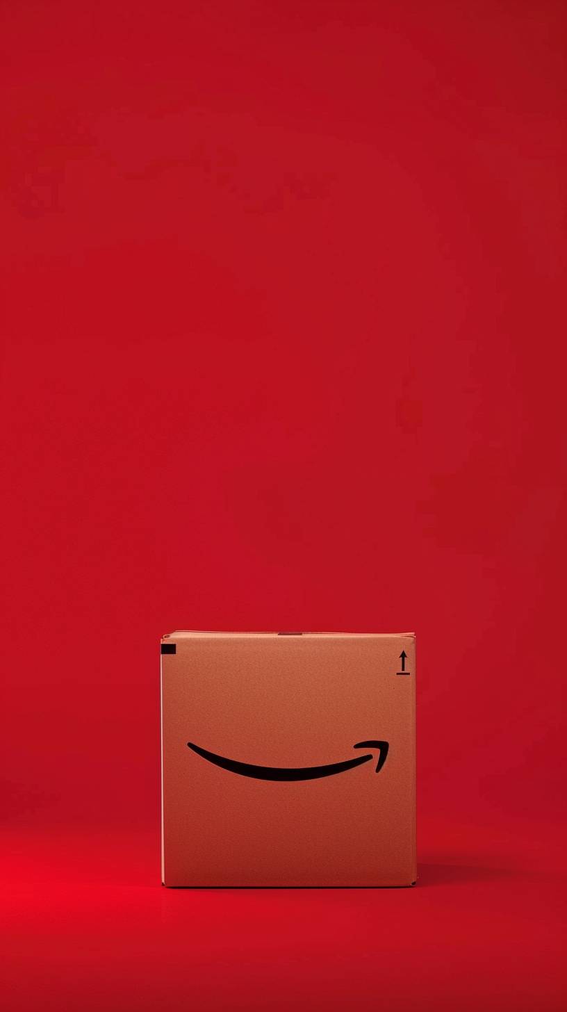 an amazon delivery box with a red cyclorama background behind. Only red. Simple red.