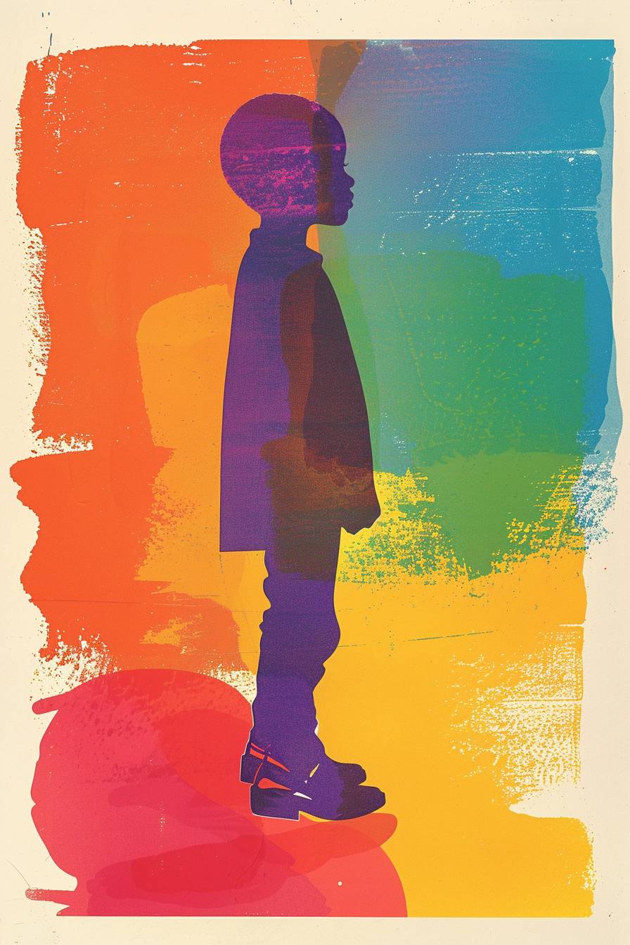 高根パンプスを履いた10歳の少年が、木版画技法を用いたシンプルな形状と、赤、黄、青、緑、紫、オレンジの鮮やかなカラーパレットを使用して、ピーター・マックスやヴィクター・モスコソのスタイルのミッドセンチュリーモダニストグラフィックデザインポスターアートのスタイルで描かれています。
