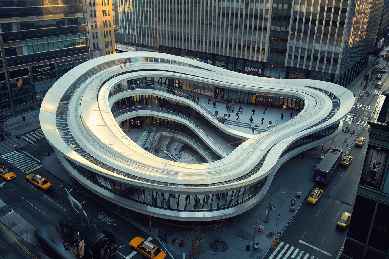 The entrance to the Grand Central Harlem Station is a white, winding shape, in the style of Santiago Calvatrava, with a bird's-eye view of floating structures, extravagant settings, and stripes.