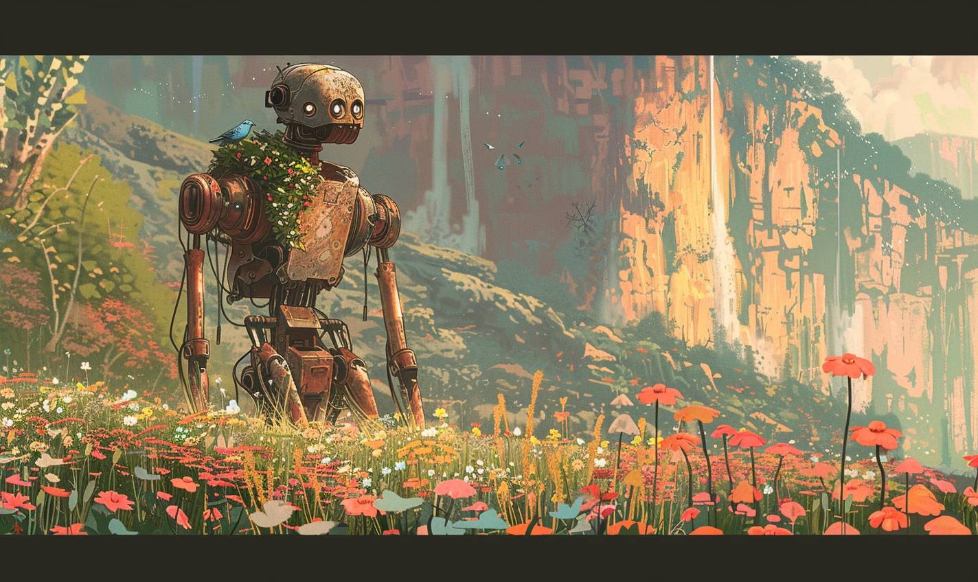 A weathered, wooden mech robot covered in flowering vines stands peacefully in a field of tall wildflowers, with a small bluebird resting on its outstretched hand. Digital cartoon, with warm colors and soft lines. A large cliff with a waterfall looms behind