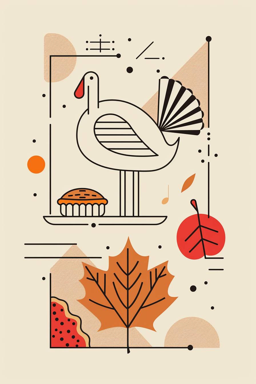 感謝祭のテーマをフィーチャーしたミニマリストのラインアートポスターで、丁寧な線、幾何学的な形状、モダンでスタイリッシュなデザインを特徴としています。バランスの取れた構図、暖かい秋の色彩の清潔な背景。作成方法：ベクターアートテクニック、CorelDRAW、バウハウスの影響、ミニマリストの動き、細い線の重み、HDクォリティ、自然な外観。
