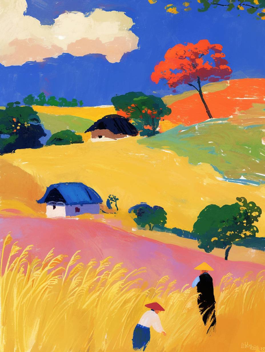 A vibrant Chinese rural style painting of autumn rice fields, golden wheat fields and farmers busy harvesting. The houses on the hillside add to the charm of the countryside. This work captures the scene of people working hard against the backdrop of a vast rice field, showing a traditional farming scene. It was created using digital art technology and features detailed illustrations that present a charming scene full of warm colors.